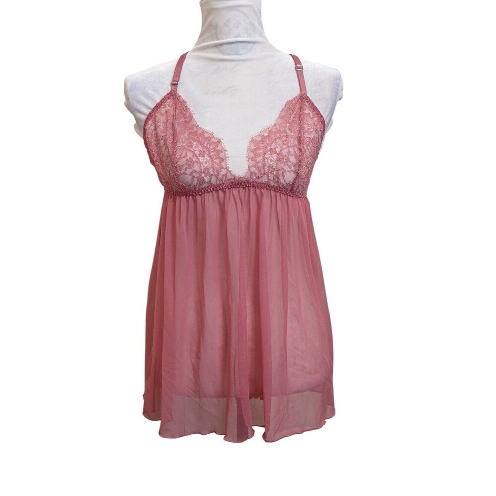 Victoria Secret Babydoll Sheer Pose Pink Halter Stretchy Adjust Straps Large